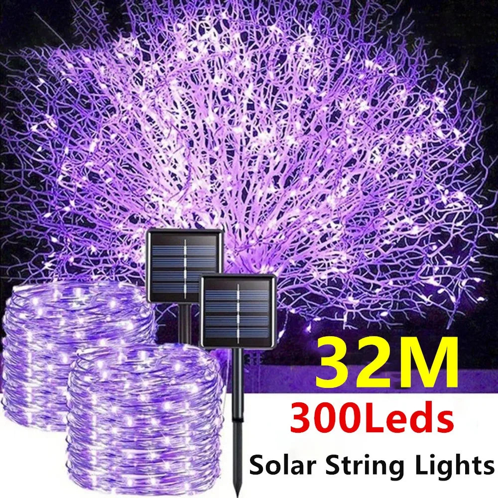 guirlande lumineuse solaire 32m violet fil cuivre led imperméable moderne décoration extérieure patio noël