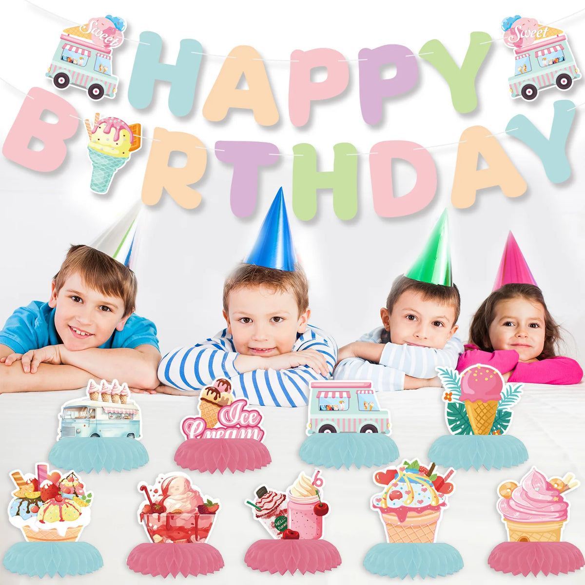 assiettes festives glace vanille anniversaire enfant filles garçons guirlande lettres chapeaux