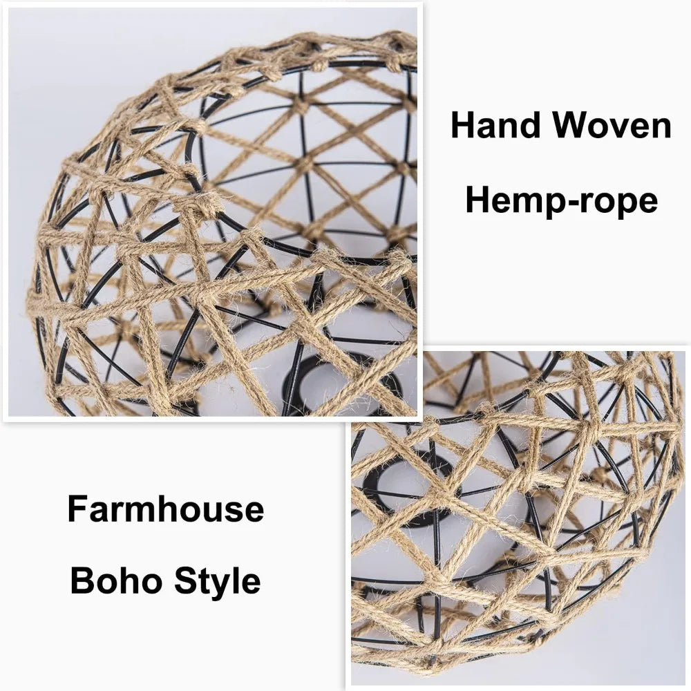 lampe suspendue tissage main cordes chanvre cadre métallique boho rustique naturel bois