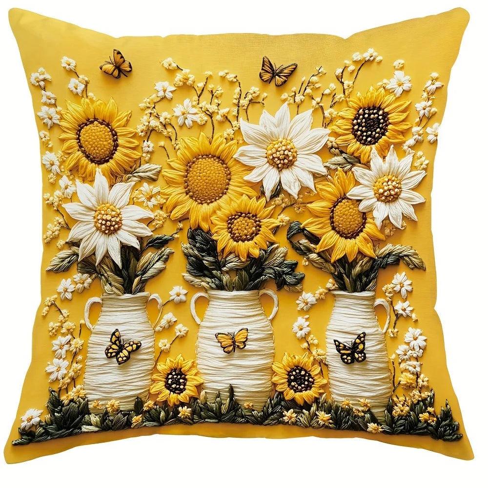 taies d'oreiller décoratives imprimées fleurs tournesols marguerites papillons polyester peachskin 40x40cm 45x45cm 50x50cm 60x60cm