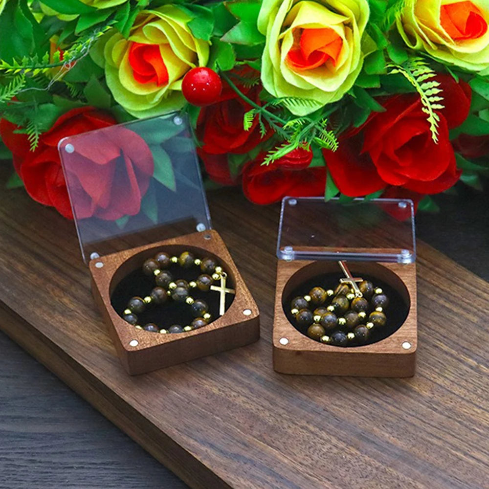 présentoir bijoux bois couvercle transparent boîte décoration religieuse chapelet croix fleurs artificielles porte bijoux