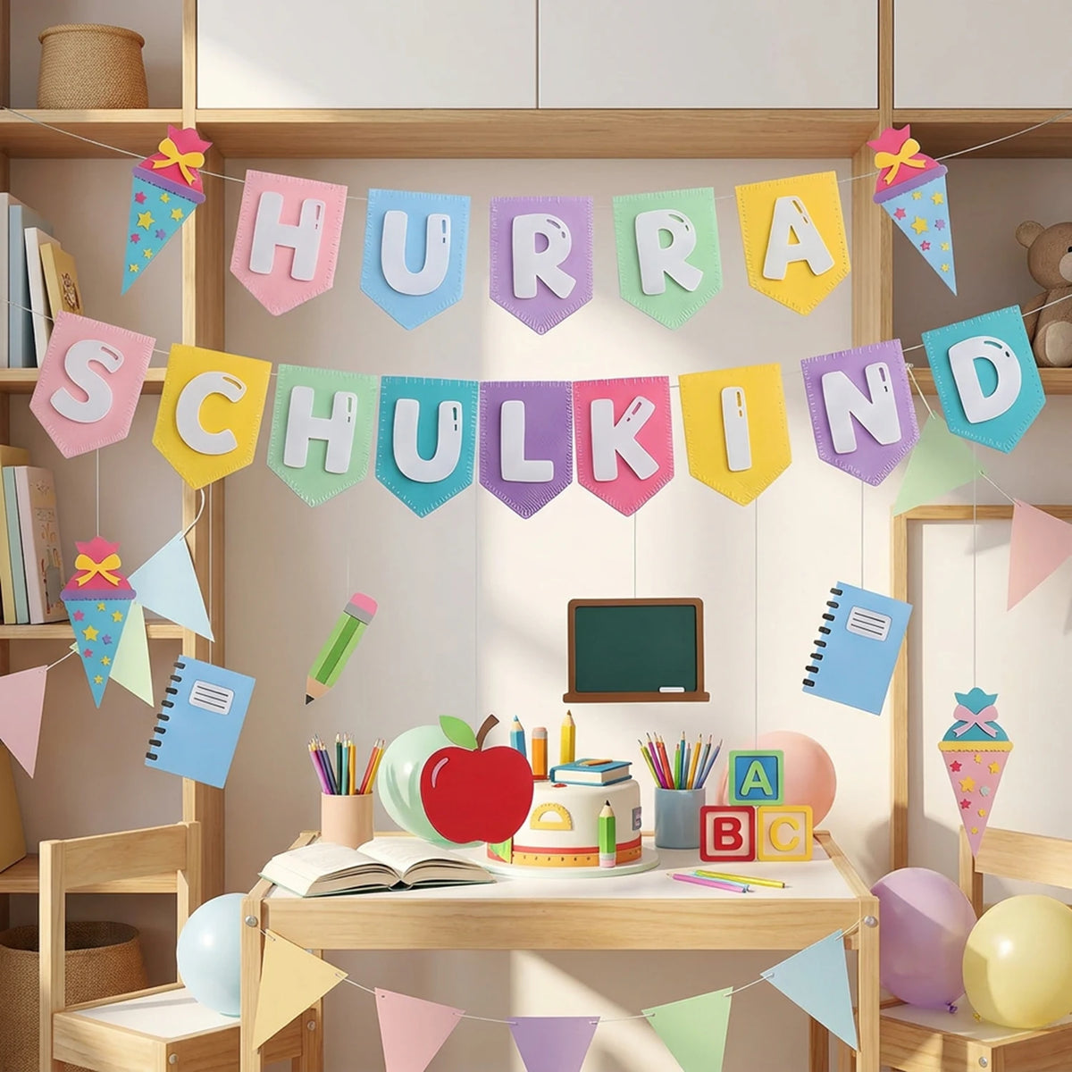 guirlande bannières motifs crayons écolier ballons tableaux papeterie globe lettres constructions gâteaux pommes