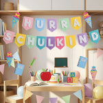 guirlande bannières motifs crayons écolier ballons tableaux papeterie globe lettres constructions gâteaux pommes
