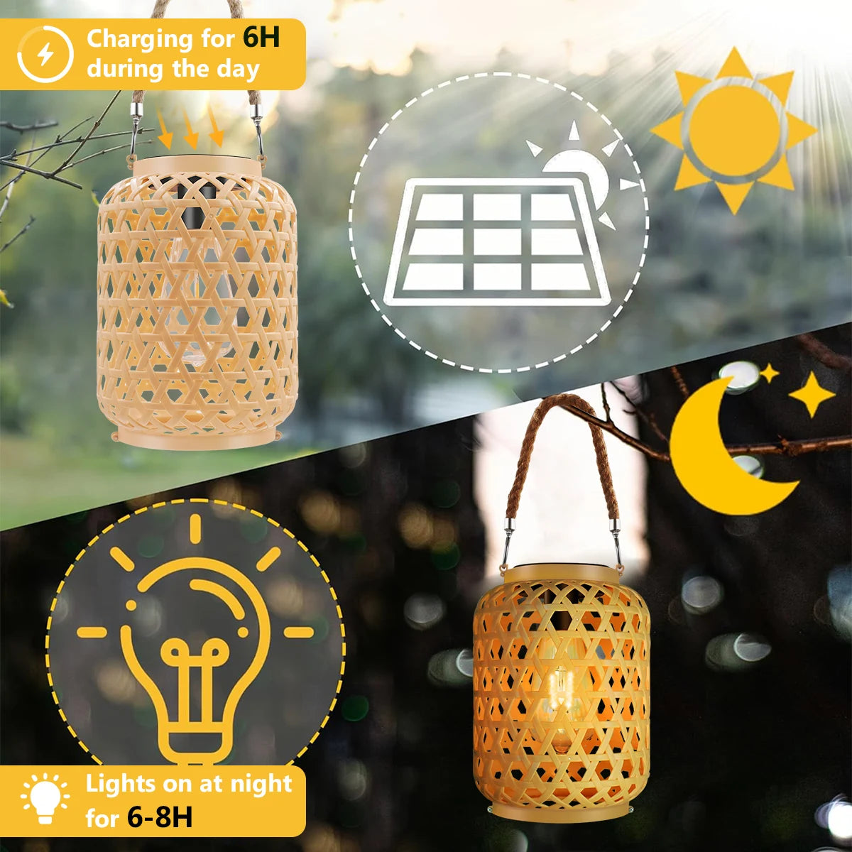 lanterne solaire suspendue bohème tressée rustique lumière jaune orangé deco extérieure