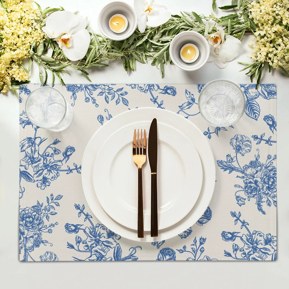 serviettes table lin blanc bleu fleuri classique vintage respectueux environnement opaques