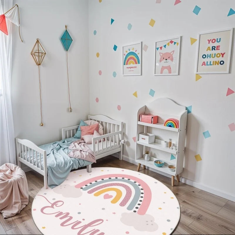 tapis rond personnalisable arc ciel nuages blanc rose gris jaune bleu moderne enfant multicolore