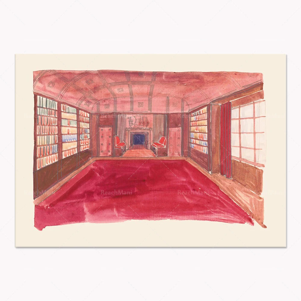 Une scène intérieure d'une structure ornée, avec des fenêtres, des murs rouges et des sièges rouges, suggérant un lieu de réunion ou de divertissement.