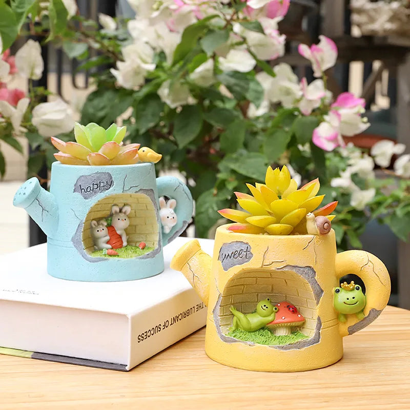 pots fleurs décoratifs bouilloire jaune bleu effet craquelé figurines animaux drainage miniature