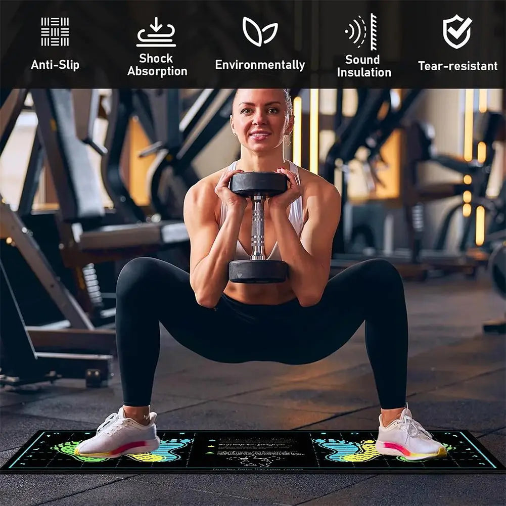 tapis entraînement musculation noir vert jaune bleu pieds coordonnées instructions anglaises 80x35cm