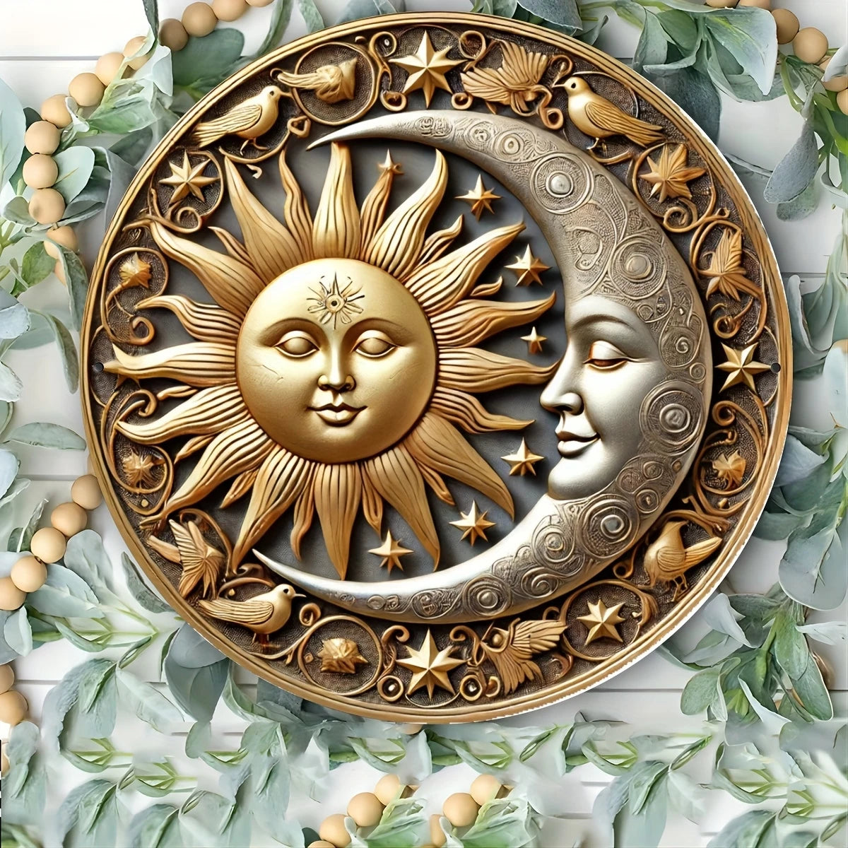 décoration murale bois soleil lune fleurs oiseaux étoiles or argent bleu rouge Jaune Blanc