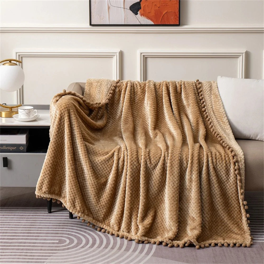 couverture tricotée polyester blanc motif pompons douce hiver décoration chambre coucher