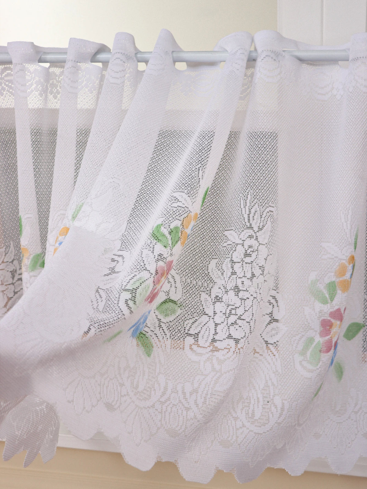 rideau blanc fleurs colorées brodé polyester translucide chambre cuisine fenêtre