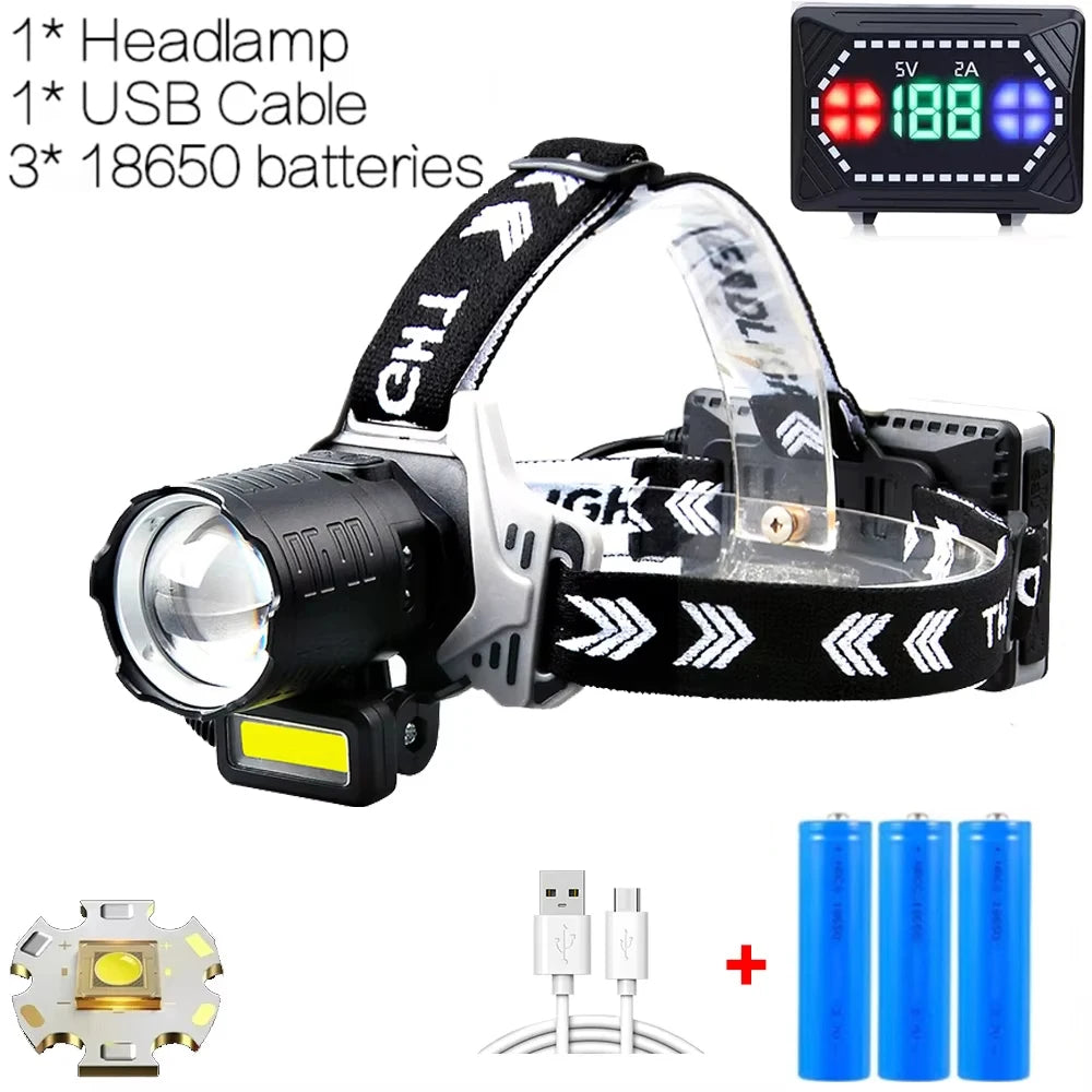 lampe frontale rechargeable led étanche ipx7 capteur mouvement modes luminosité cordon ajustable affichage numérique