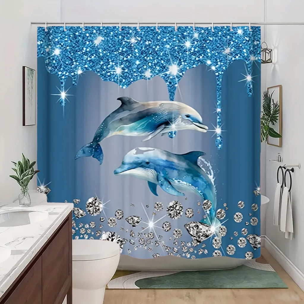 rideau douche bleu dauphins diamants moderne opacité polyester