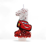 bougies anniversaire forme chiffre sequins motif voiture blanc rouge noir
