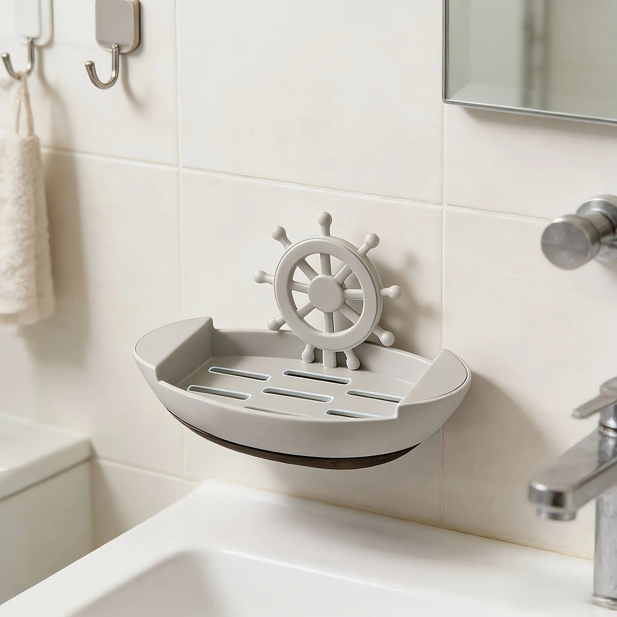 porte savon bateau adhésif mural décoration maritime blanc gris noir texturé