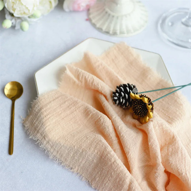 serviettes table coton rose pâle rustique franges ruban fleurs séchées