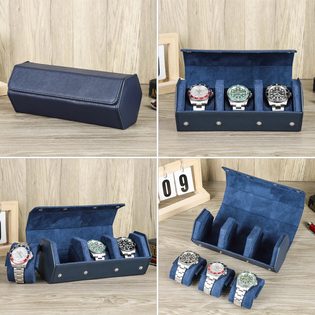 boîte montres cuir bleu marine tapis simili cuir boutons bronze moderneFashion