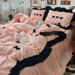 ensemble literie housse couverture taies nœuds noirs volants blancs filles doux