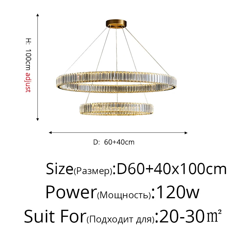 suspension lumineuse moderne or transparent cristaux led télécommande élégante salon chambre