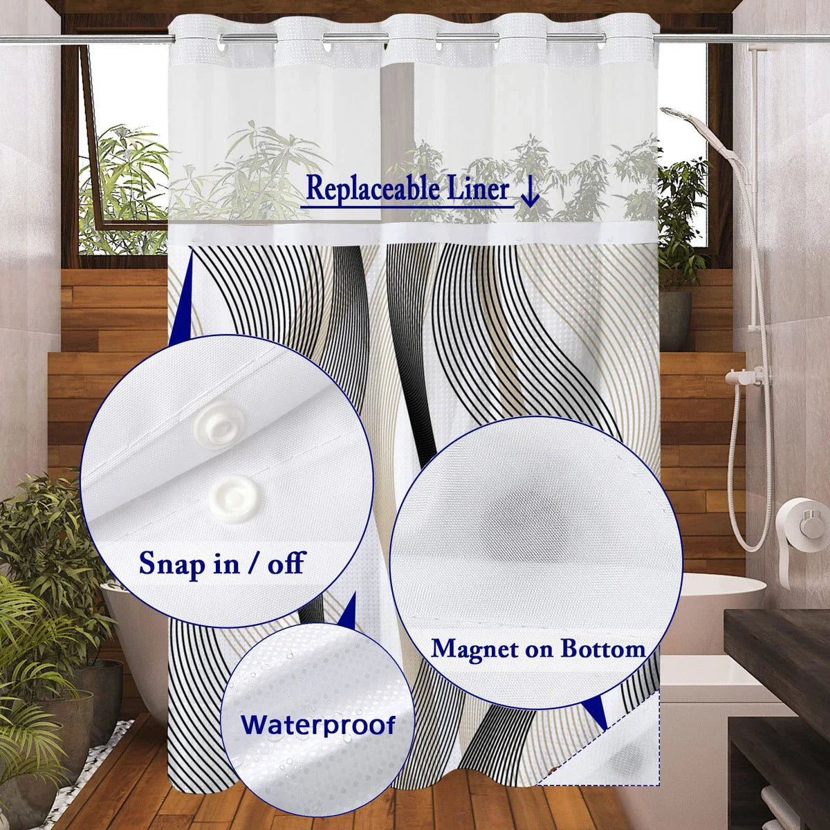 rideau douche moderne semi transparent motif abstrait polyester blanc noir beige