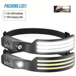 lampe frontale rechargeable noire jaune fluo rayures ajustable détecteur mouvement COB LED strobe camping