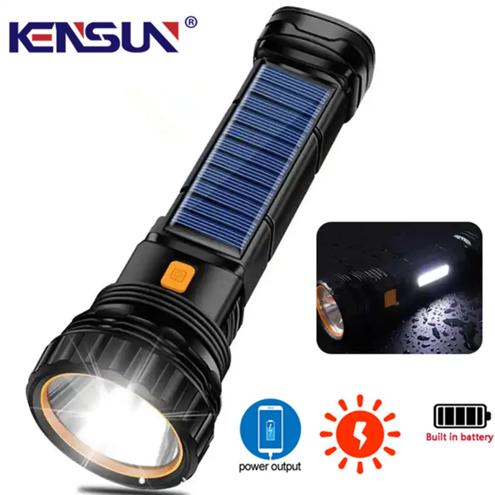 lampe torche solaire rechargeable noir bleu orange étanche ipx6 chargeur portable autodéfense stroboscope
