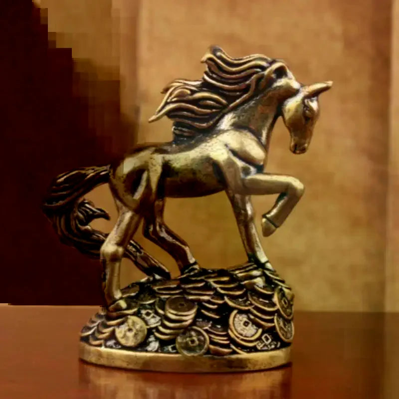 statue decorative cheval doré bronze details musculature criniere base pieces anciennes asiatique traditionnel
