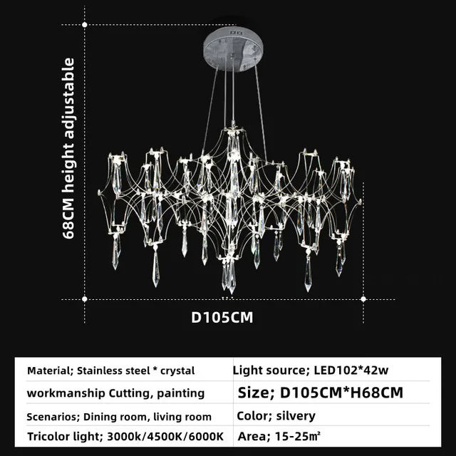 lustre moderne or cristaux transparents branches stylisées salon chambre principale