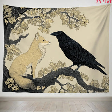 tapisserie murale illustration renard corbeau branches décoration intérieure moderne polyester clips