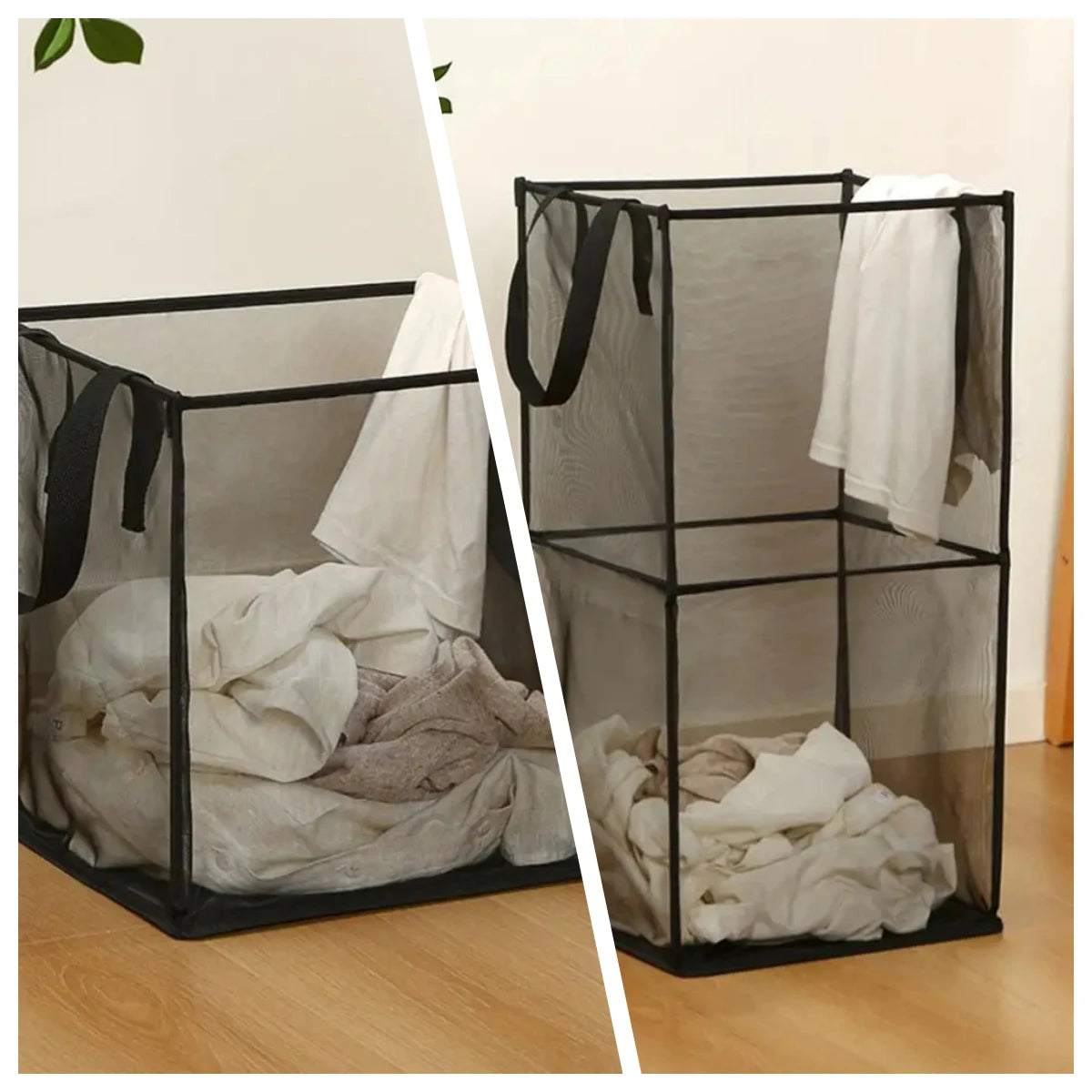 panier linge pliable transparent moderne polyester poignées noires réutilisable multiple capacité grande