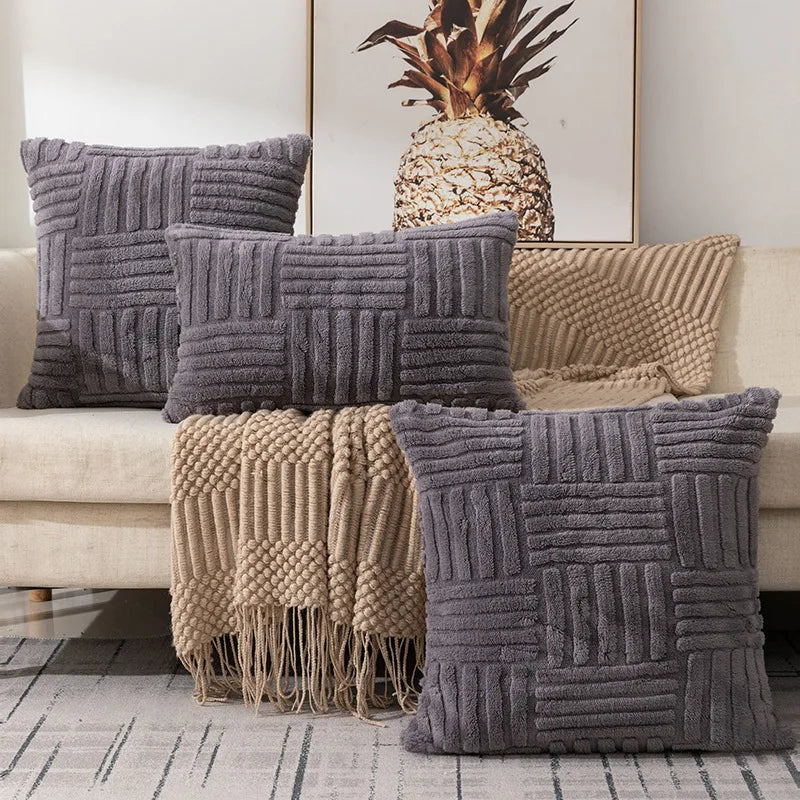 coussins décoratifs modernes texture duveteuse motifs rectangles couleurs vert menthe beige rose blanc gris