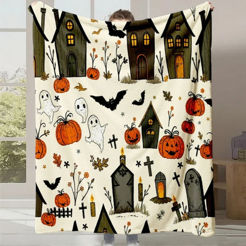 Couverture en coton décorée de maisons hantées, de citrouilles, de fantômes et d'autres éléments d'Halloween dans un style dessin animé coloré.