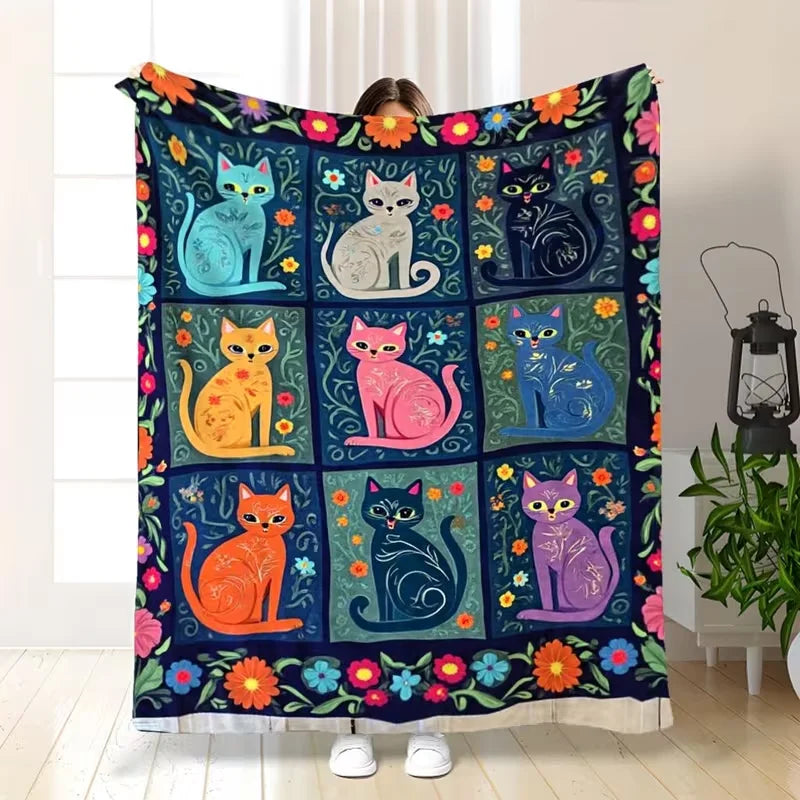 couverture polaire patchwork chats fleurs multicolore 100 polyester douce maison 130x150cm
