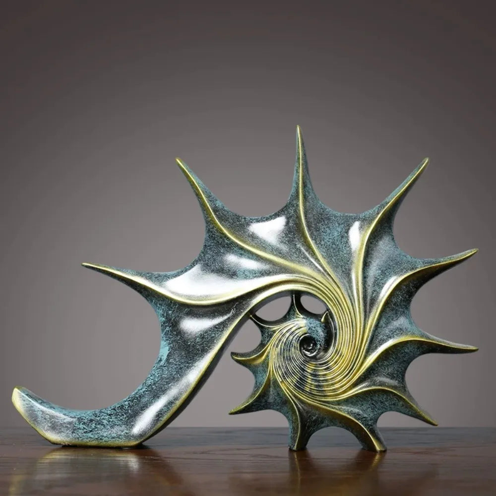 sculpture coquillage vert doré résine spirale moderne art déco brillant