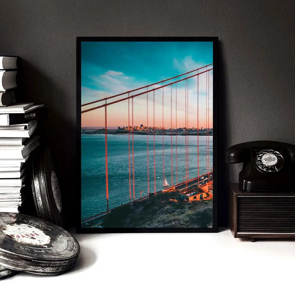 affiche toile pont golden gate coucher soleil bleu orange moderne paysagerintérieur decoration