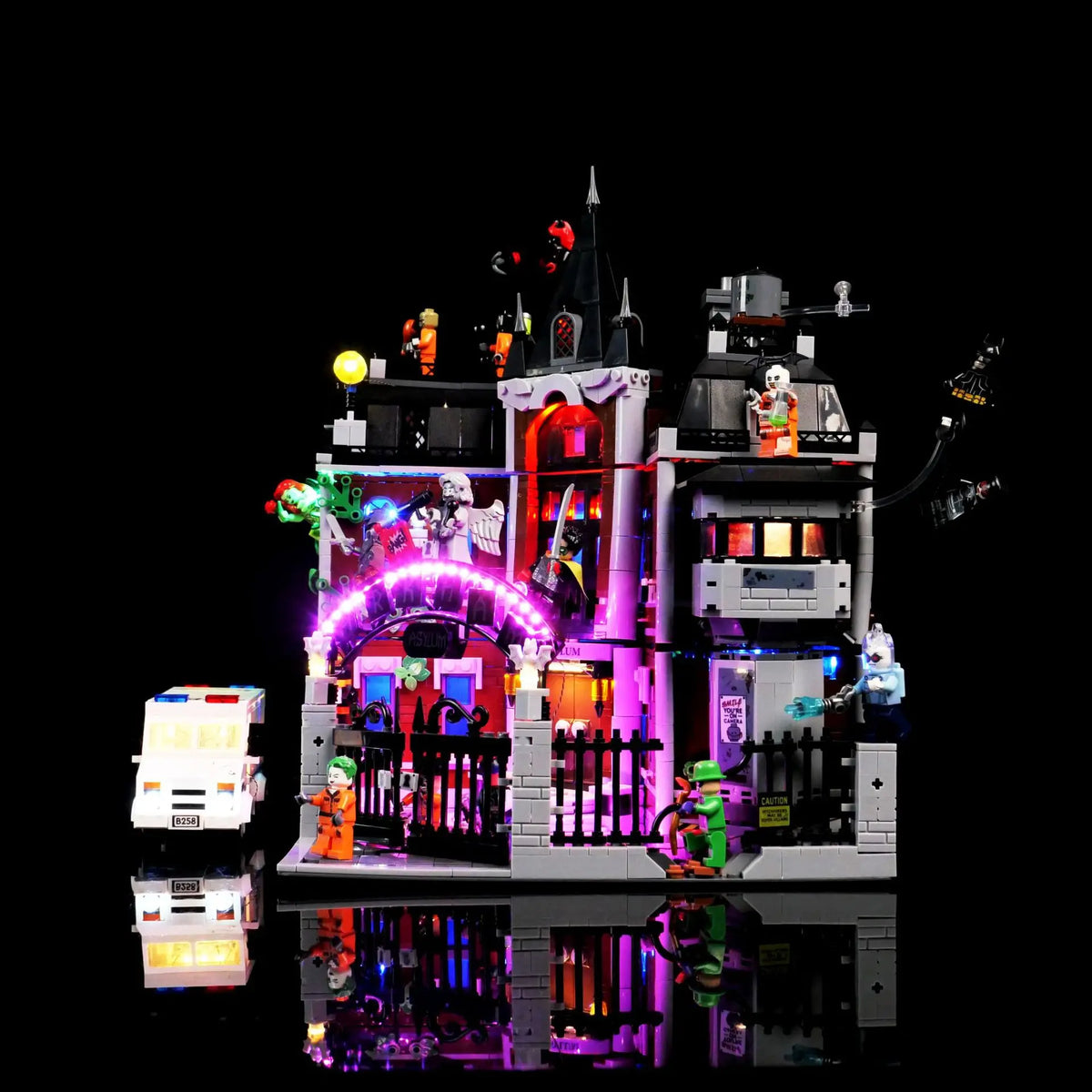 éclairage led construction lego arkham asylum affiches personnages ambulance portes plaques textes fantaisie sciencefiction