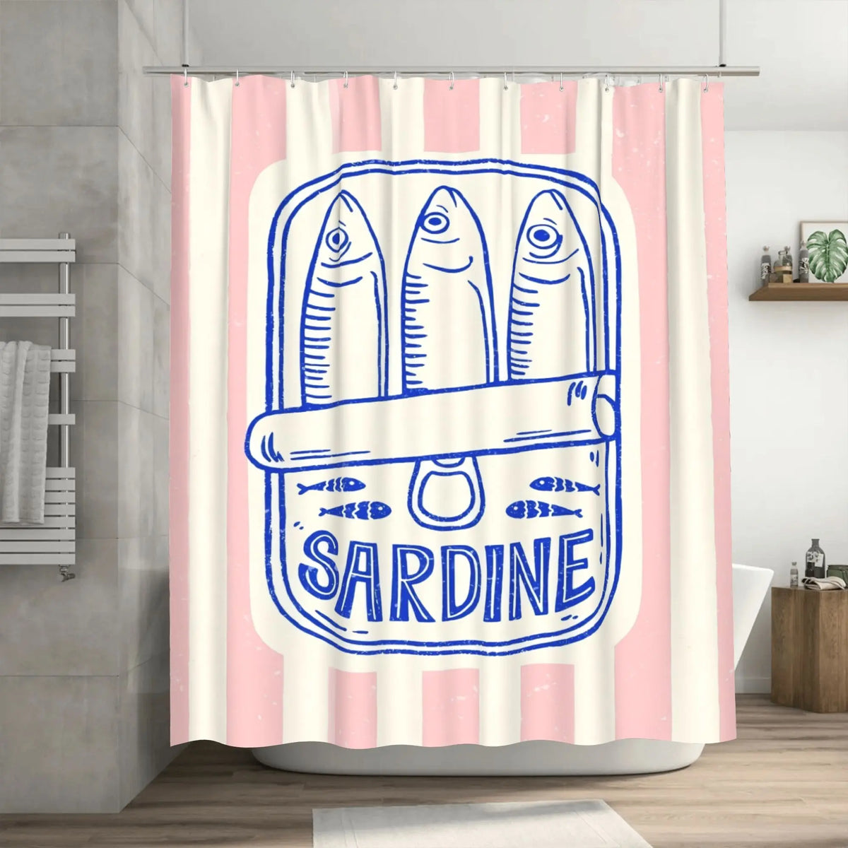 rideau douche moderne rose blanc motif sardine graphique humoristique dimension 71x79in polyester