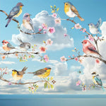 sticker mural oiseaux branches fleurs colorées bleu gris jaune rose vert adhésif pvc artistique