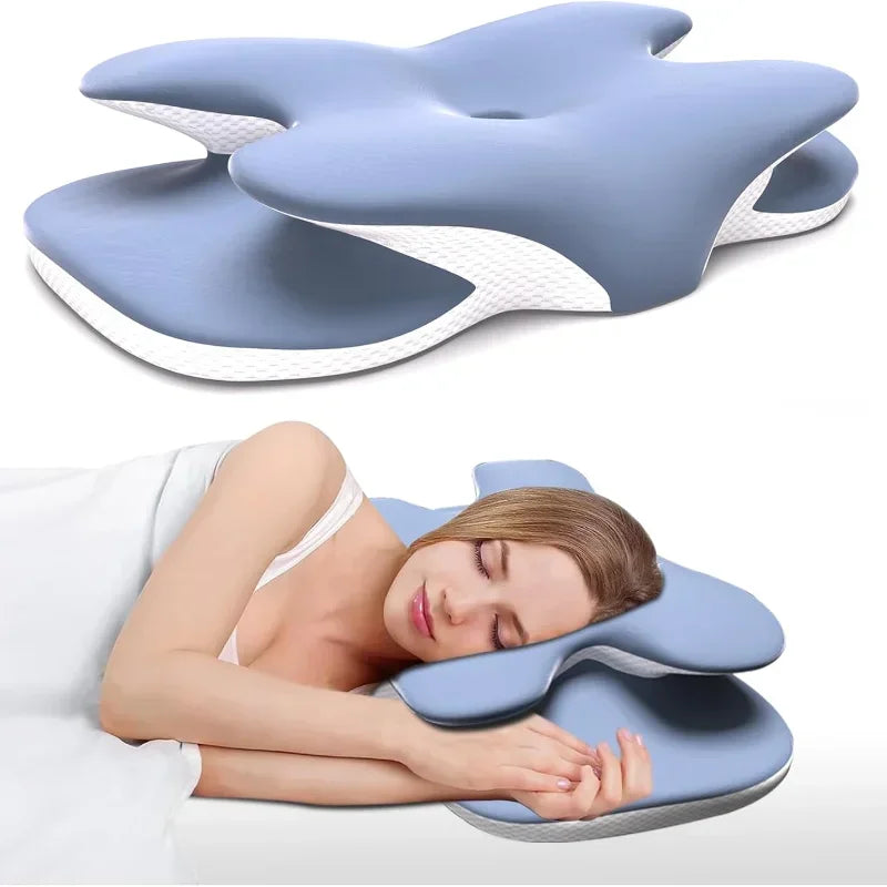 oreiller ergonomique soie glacée mousse mémoire forme soulagement cou patchwork bleu jaune blanc moderne