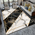 Un tapis moderne et élégant avec des motifs géométriques et une finition marbre noir et blanc, créant une atmosphère raffinée dans cet espace de vie.