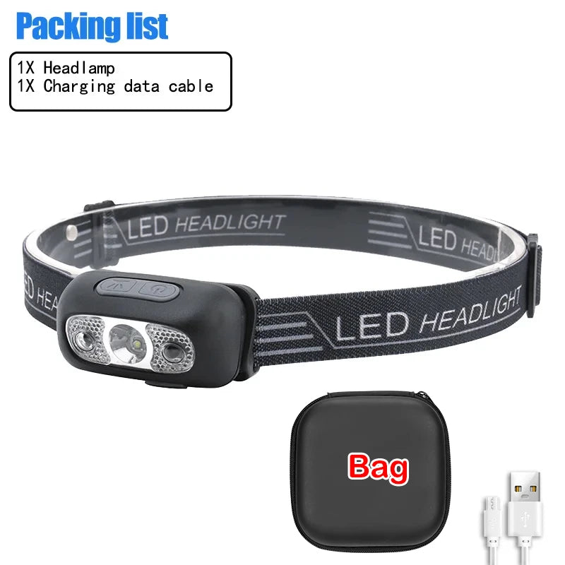 lampe frontale led noire rechargeable usb camping randonnée urgence poissons moderne pratique