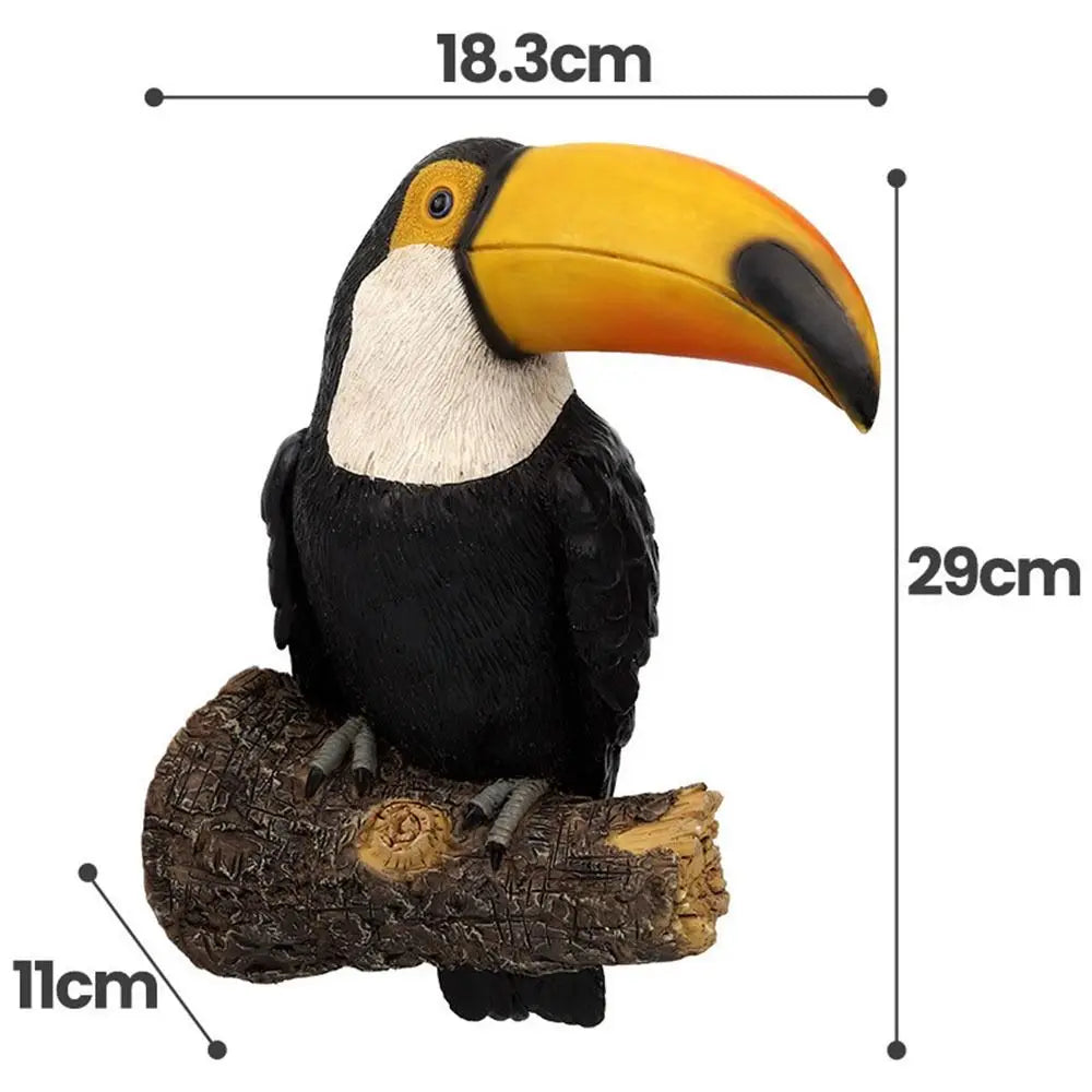 statue toucan résine plumes décorative branche bois tropicale extérieur plantes Jaune Vert Rouge Bleu