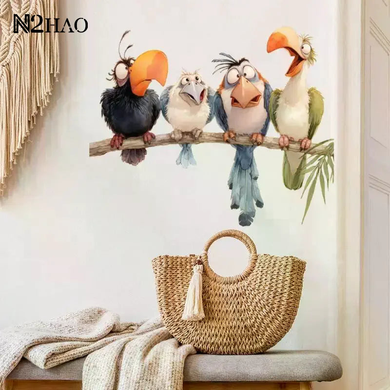 autocollant mural oiseaux perroquets cartoon branché plumes coloré chambre enfants decoration