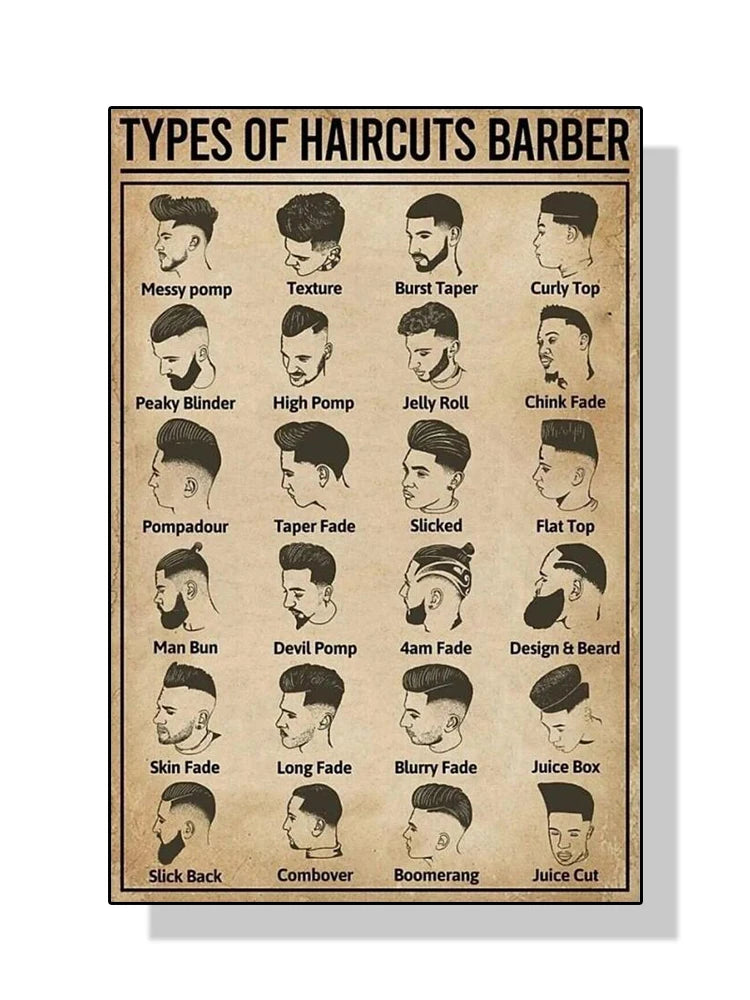 affiche coiffures barbier illustration vintage toile cadre noir salon décoration maison cadeau horizontal