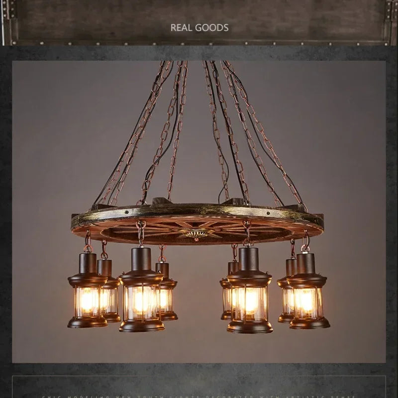 Suspension lumineuse industrielle marron doré verre translucide ampoules métal bois vintage