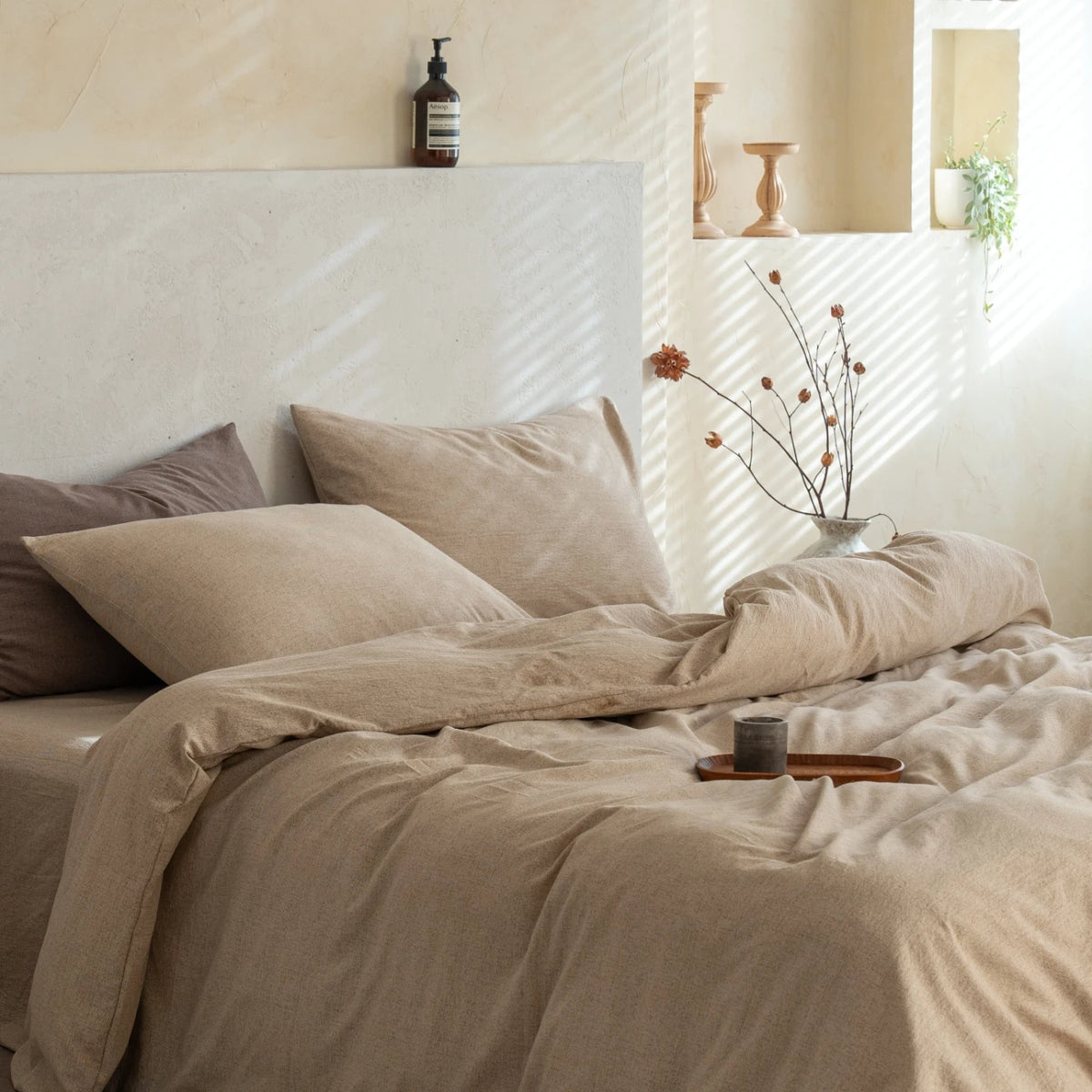 drap housse couette taies d'oreiller literie lin texturé beige taupe minimaliste naturel