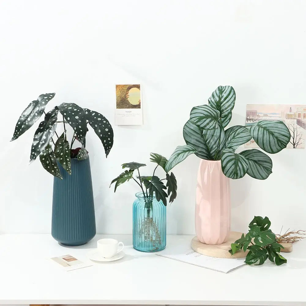 ornement décoration intérieure plante artificielle feuilles larges racines visibles vert foncé points blancs