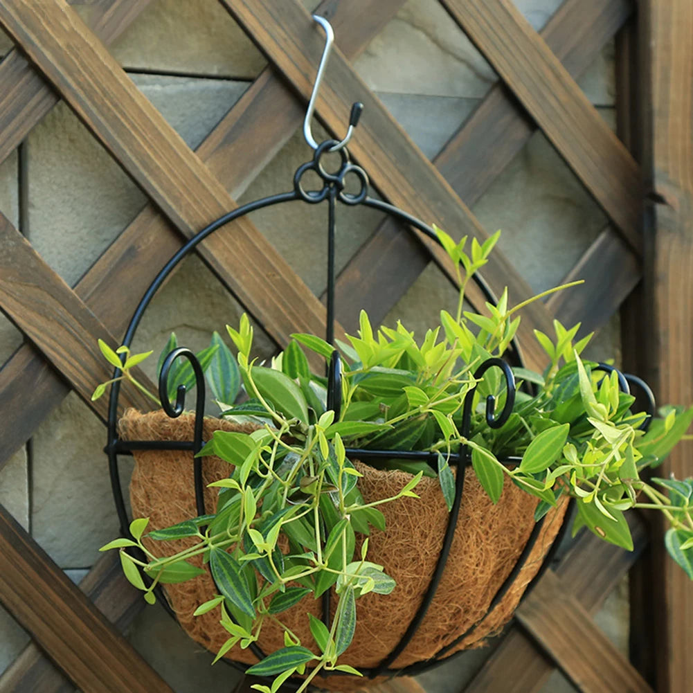 pot fleurs suspendu plante verte feuilles vertes fleurs roses crochet métallique décoration murale ornementale