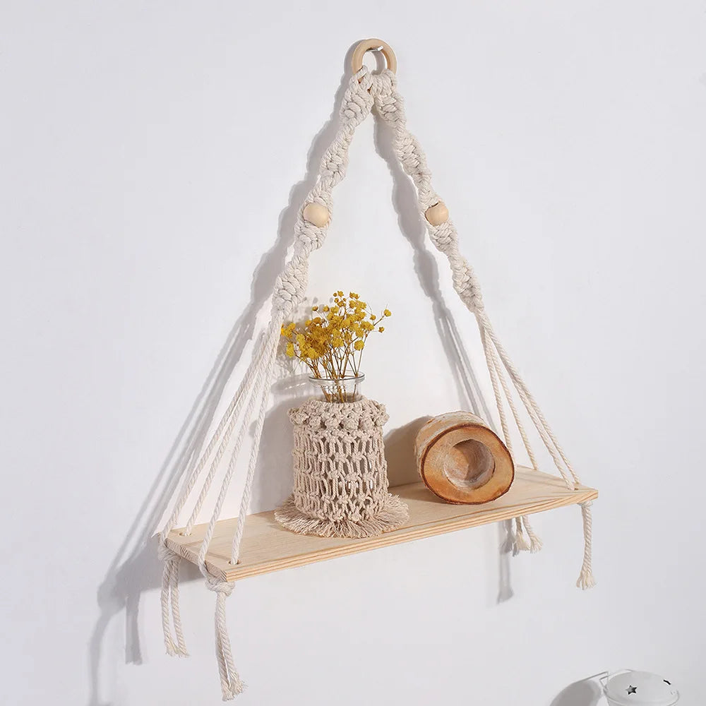 étagère suspendue boho corde tressée bois franges anneaux métal chambre salon bois naturel